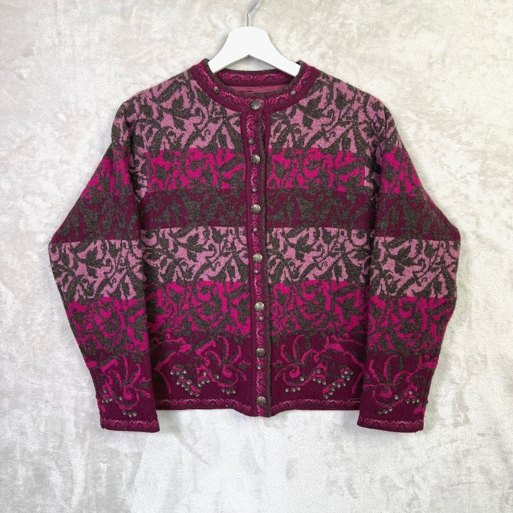 Vintage Women's PENDLETON 100% Lambs Wool Knit Sweater Cardigan Magenta Floral L